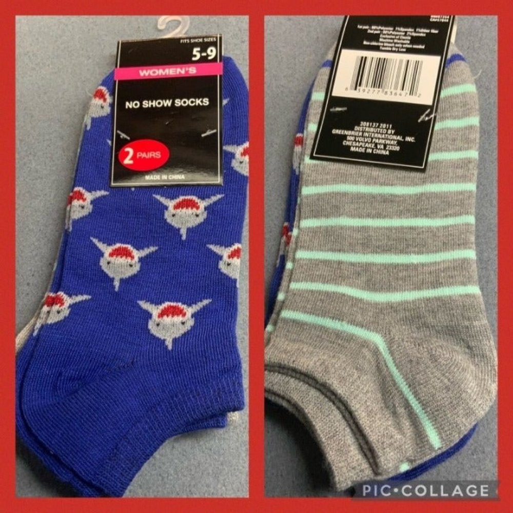 Ladies Socks Two Pairs No Show Baby Shark Striped Blue Gray Grey Turquoise Red